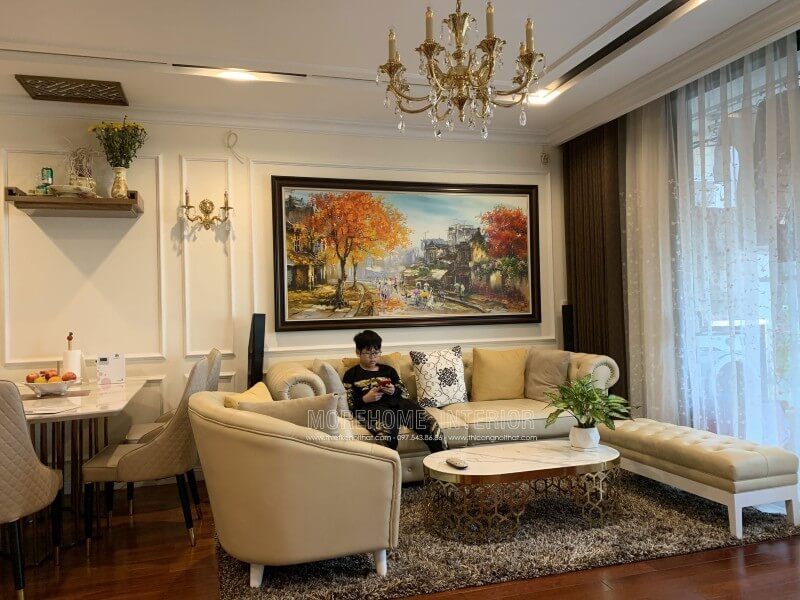 Công việc thi công sofa phòng khách bọc da theo phong cách tân cổ điển đẹp tinh tế tại Chung cư Vinhomes Nguyễn Chí Thanh, Quận Đống Đa, Hà Nội đã hoàn thành.